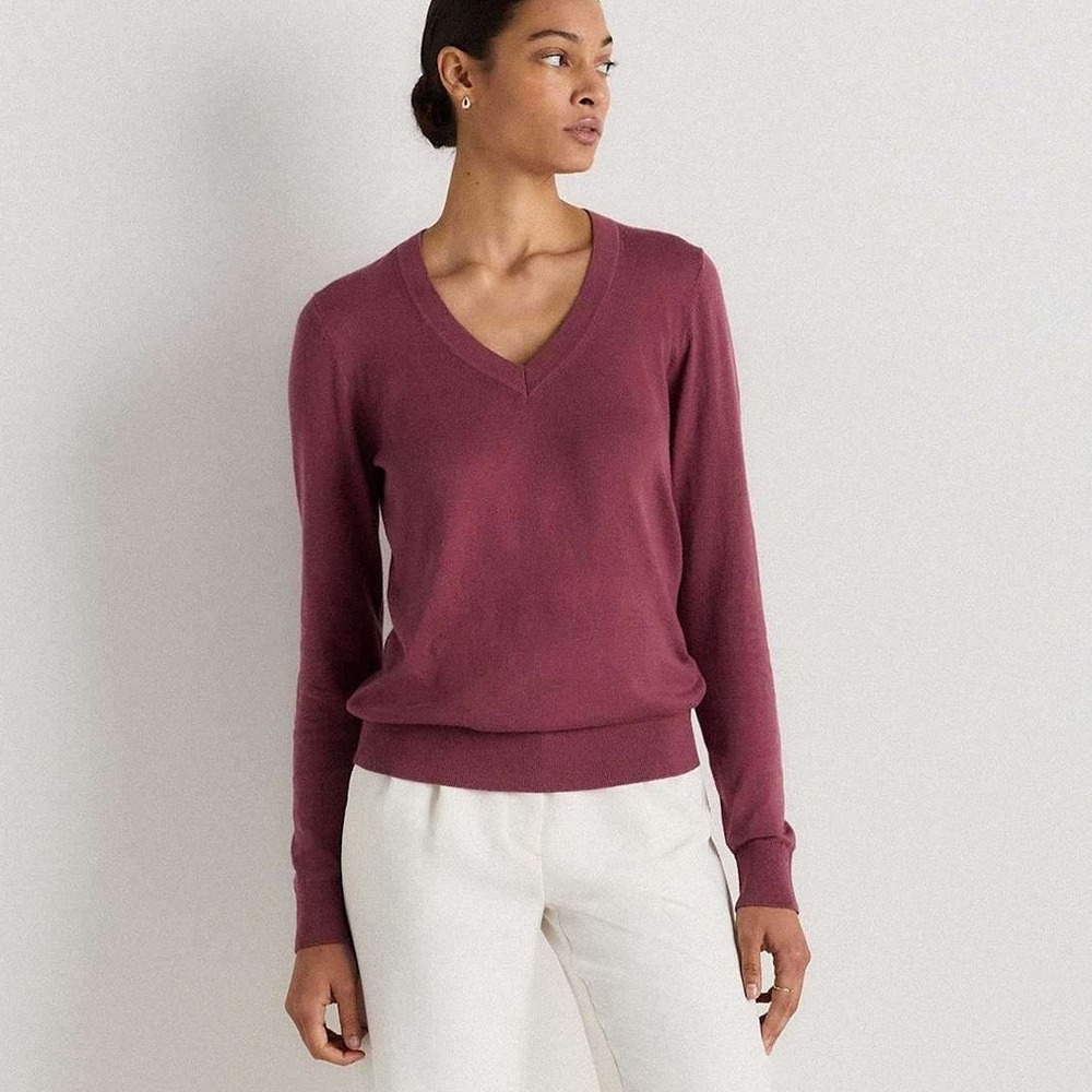 Quince Lightweight Cotton Cashmere V-Neck Sweater Women's M Crushed Berry Purple